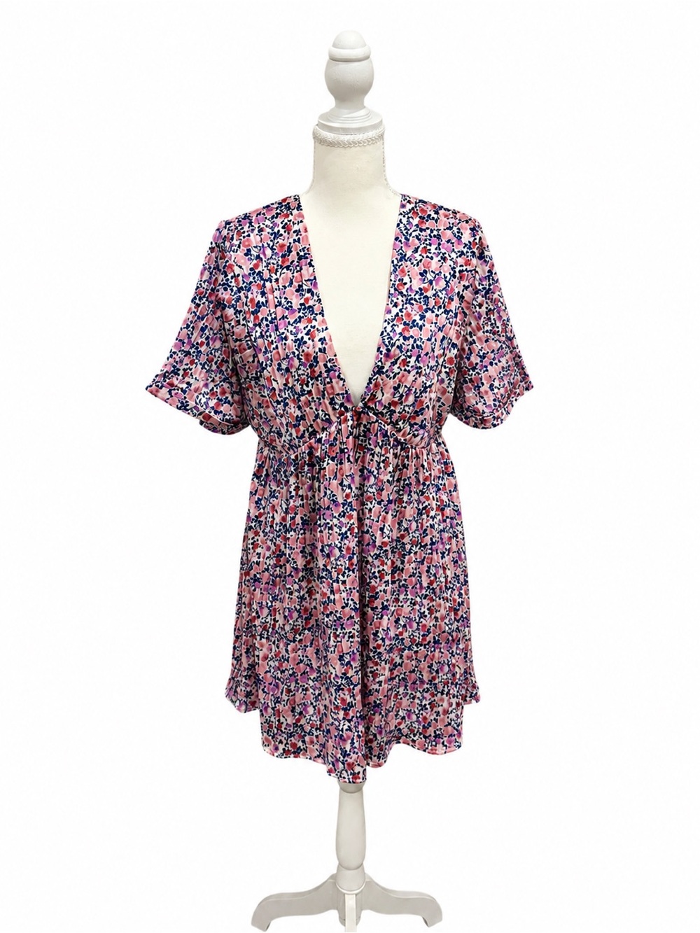 Lulus Pink Floral Mini Dress Size Small V Neck Empire Waist Boho Cottagecore - Picture 1 of 4